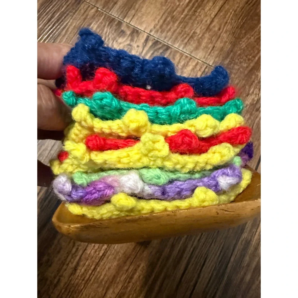 Vintage Handmade Crochet Coaster Set 9 pc Rainbow Star with Wooden Spindle Base